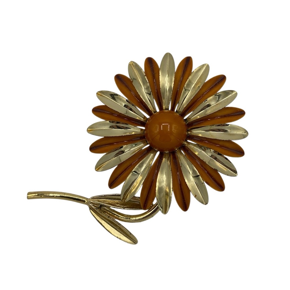 Vintage Retro Gold and Brown Floral Brooch